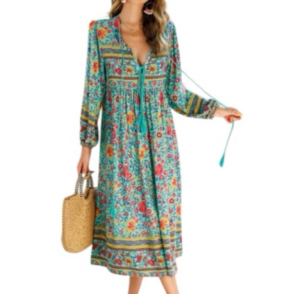 R.Vivimos Floral Long Sleeve Boho Print V Neck Tassel Bohemian Midi Size Medium